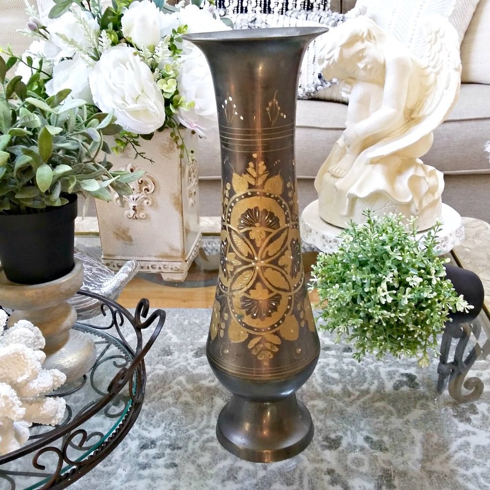 TALL 15" Vintage ANTIQUE Brass VASE